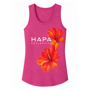 A women's heather pink racerback tank top featuring a graphic print of two red and orange hibiscus flowers and the text 'HAPA COLLECTIVE' in white, displayed on a solid white background.
