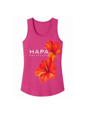 A women's heather pink racerback tank top featuring a graphic print of two red and orange hibiscus flowers and the text 'HAPA COLLECTIVE' in white, displayed on a solid white background.